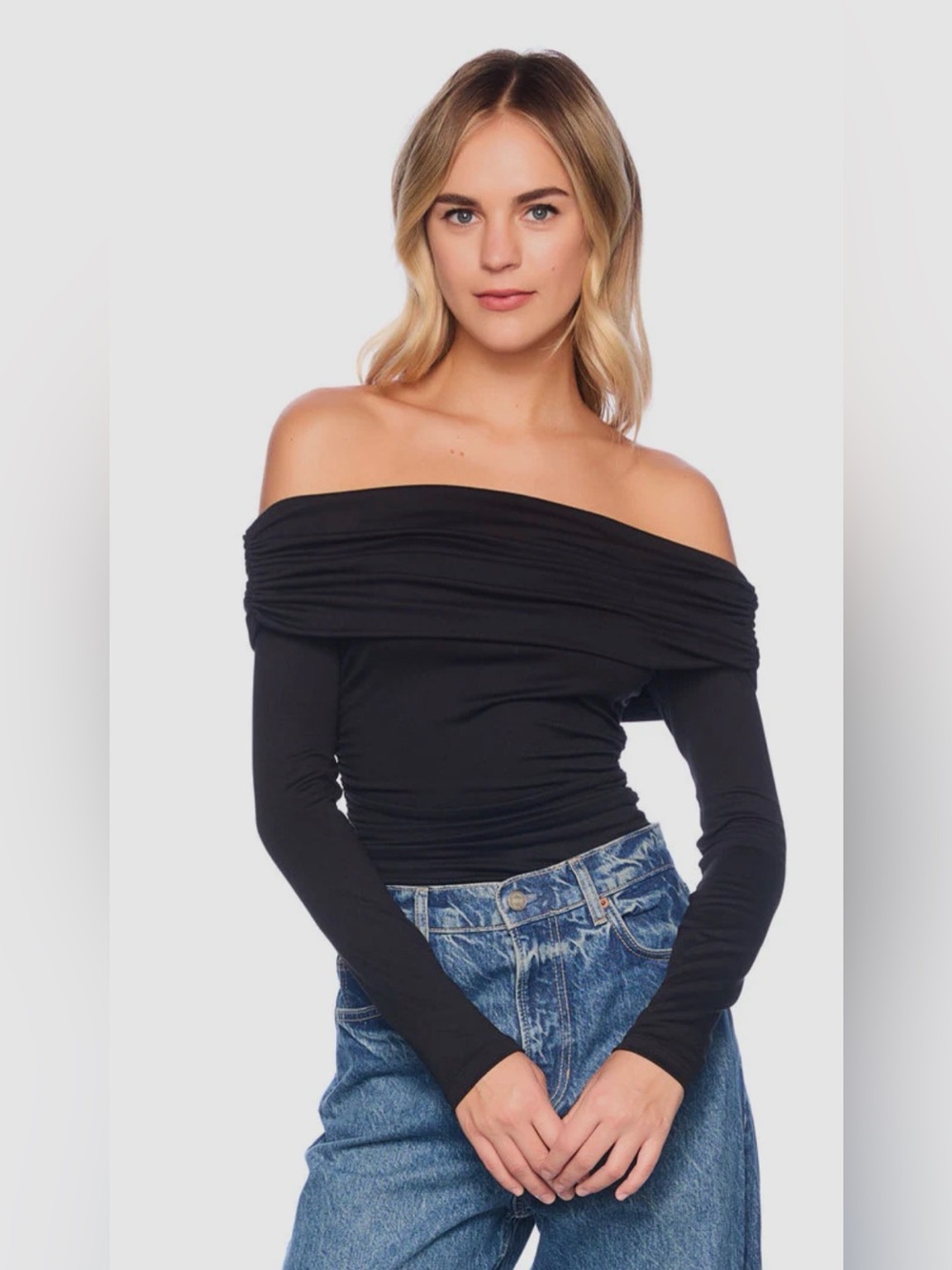 Susana Monaco Off-the-Shoulder Black Long-Sleeve Women’s Top